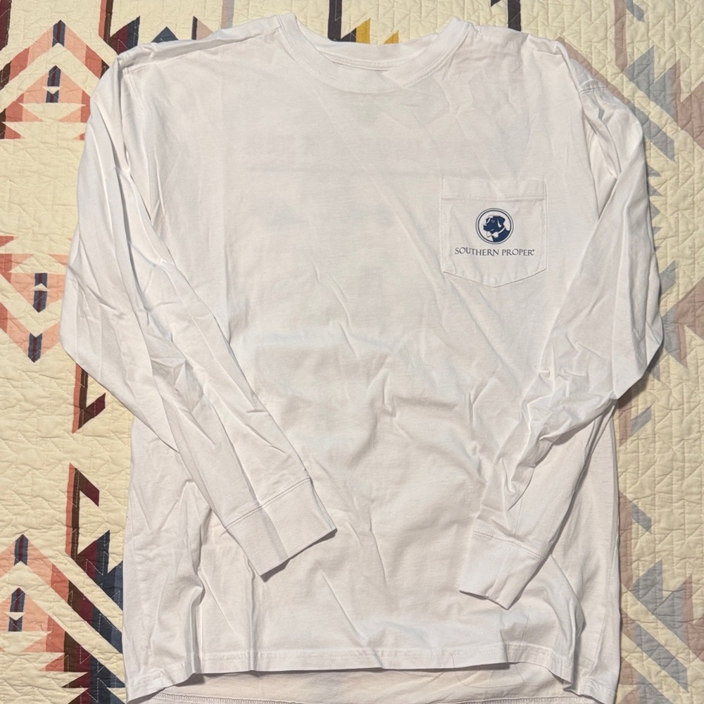 Southern Proper White Long-Sleeve Pocket Tee with Navy Logo